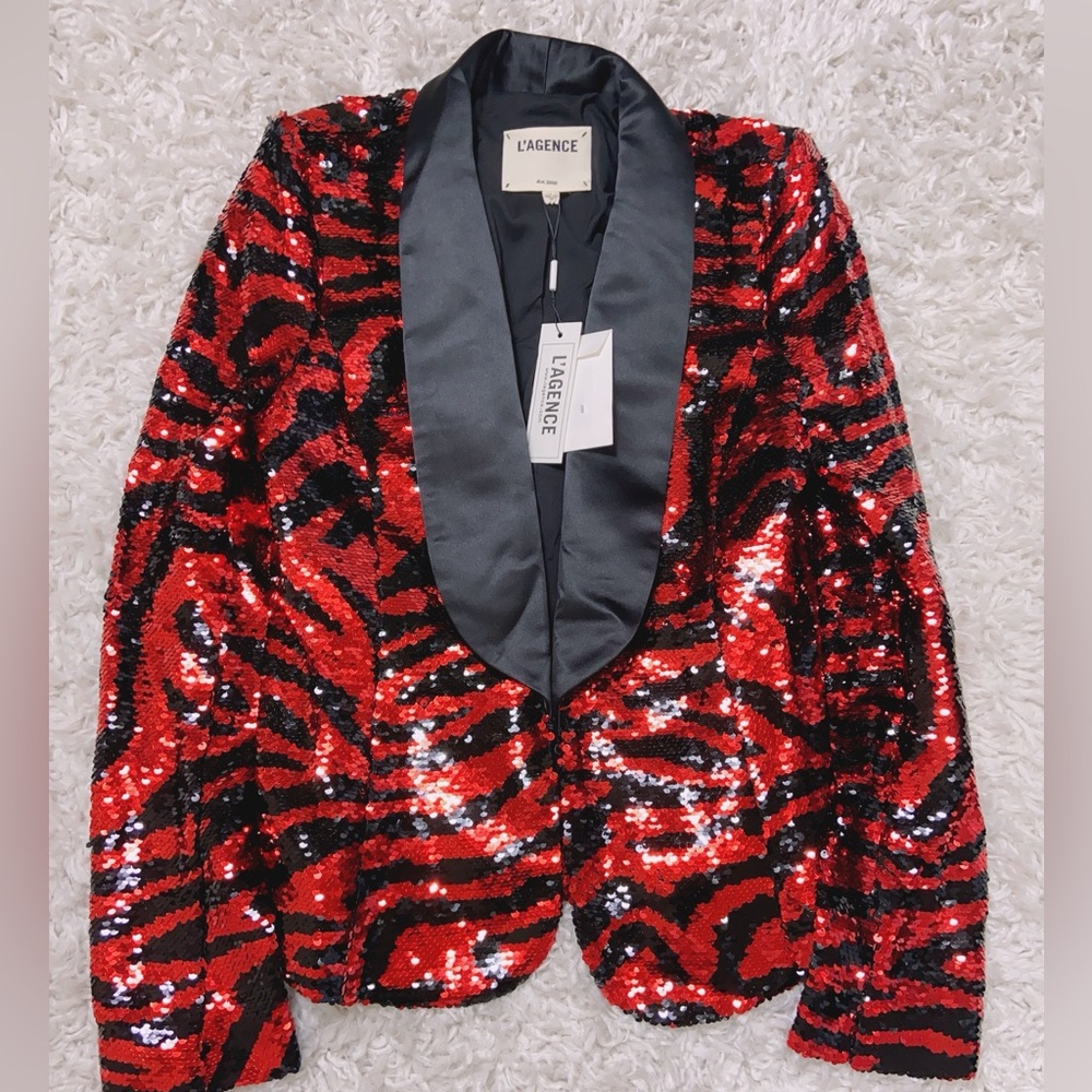NWT $725 L'agence Yuna Sequin Blazer In Tango Red/black Zebra Stripe - Picture 3 of 7